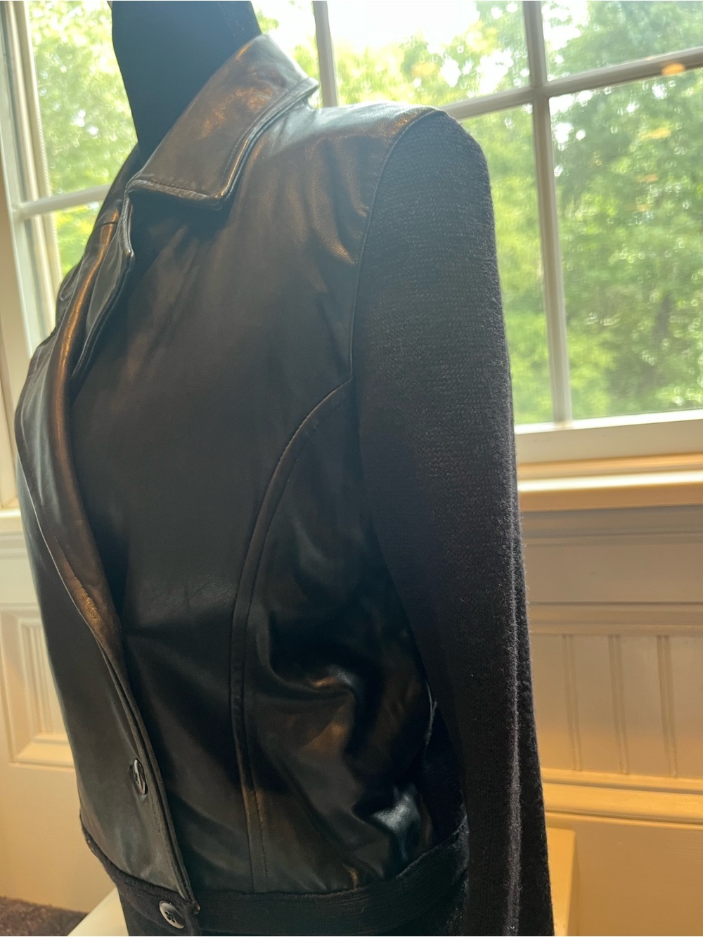 Vintage Anne Klein II Black Leather-Front Double-Breasted Jacket w/ wool sleeves - Picture 7 of 16
